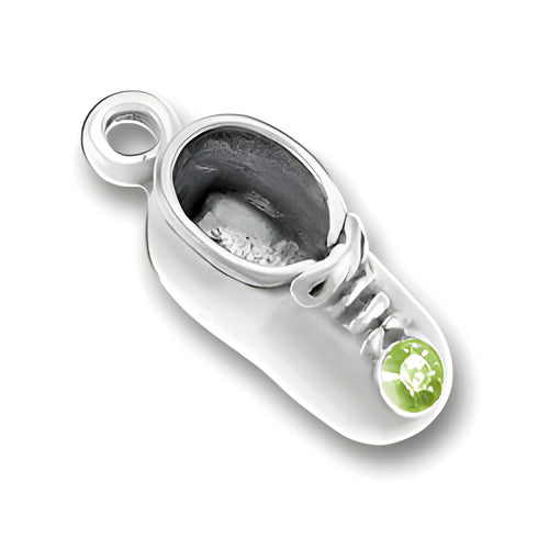 Charm Factory Baby Shoe Charm in silver with August Peridot gemstone accent, featuring detailed laces and open design.