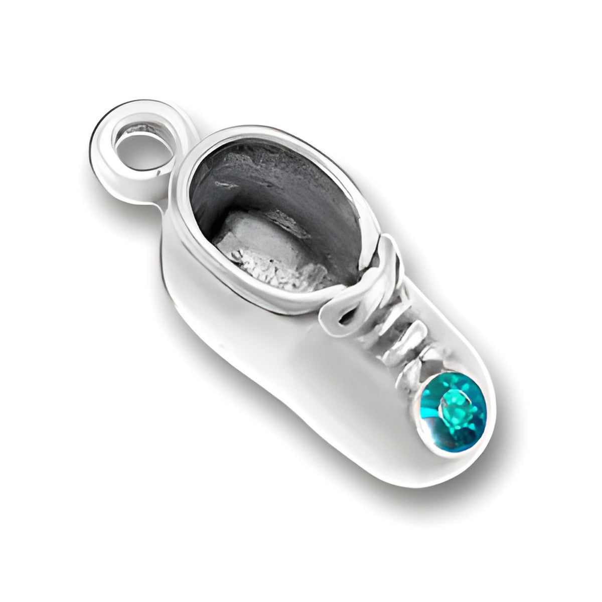 Charm Factory Baby Shoe Charm in silver with December Zircon gemstone accent, featuring detailed laces and a polished finish.