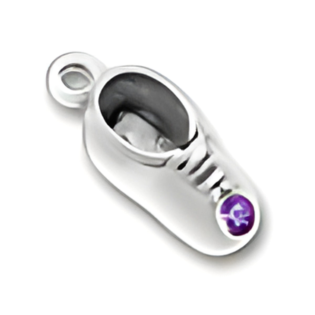 Charm Factory Baby Shoe Charm in silver with a February Amethyst gemstone accent.