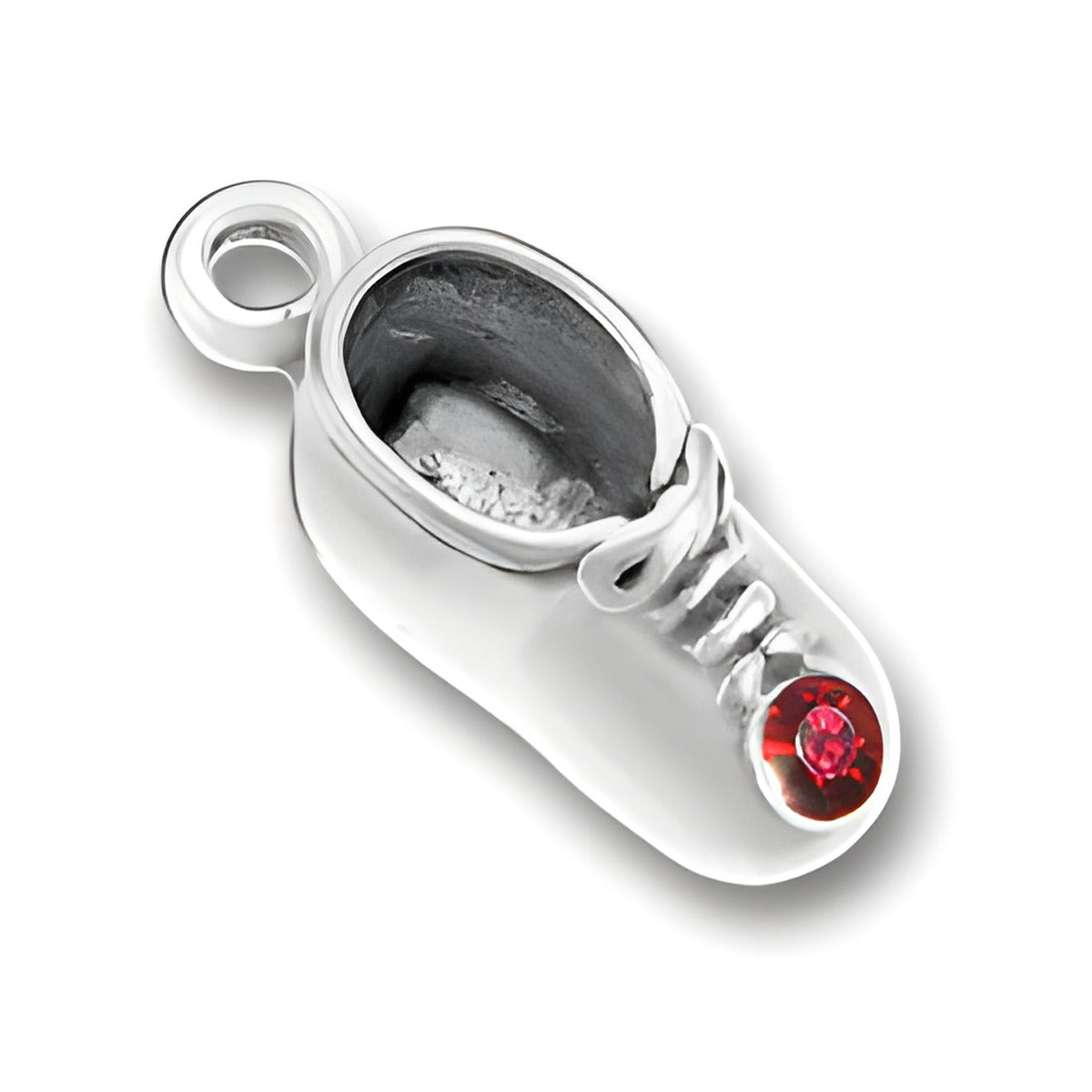 Charm Factory Baby Shoe Charm made of silver with a January Garnet gemstone accent.
