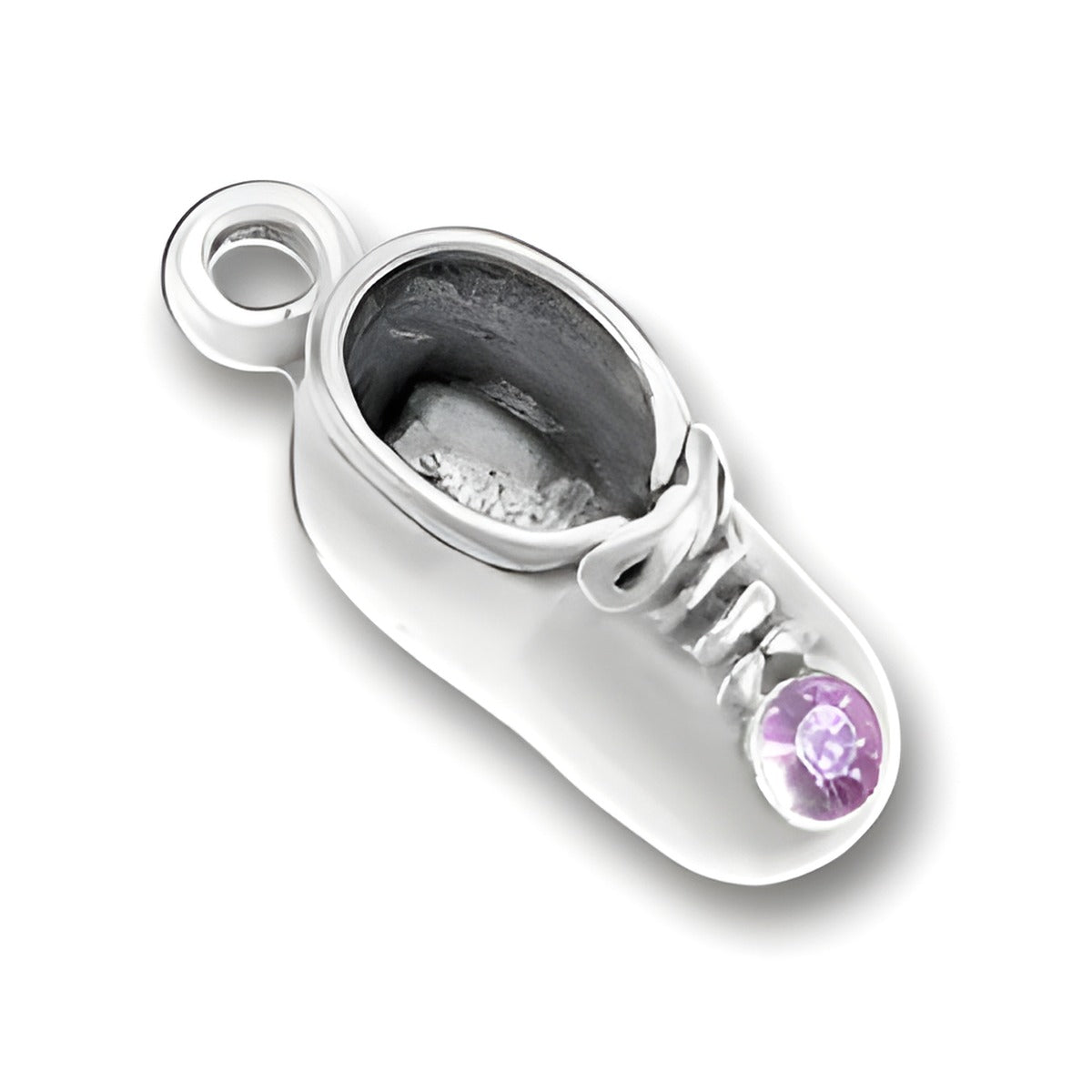 Charm Factory Baby Shoe Charm in sterling silver with a June Alexandrite gemstone accent.