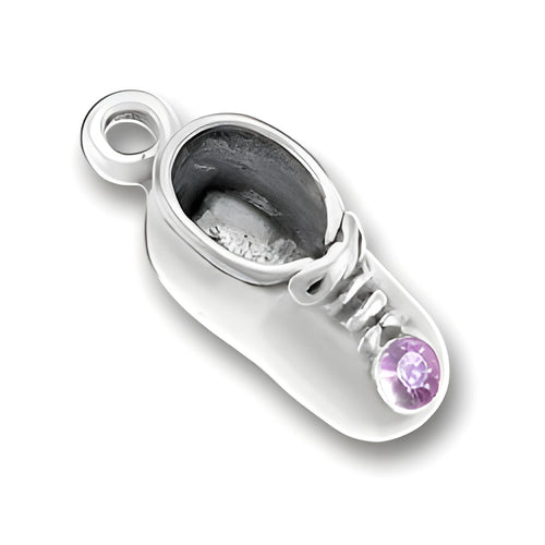 Charm Factory Baby Shoe Charm in sterling silver with a June Alexandrite gemstone accent.