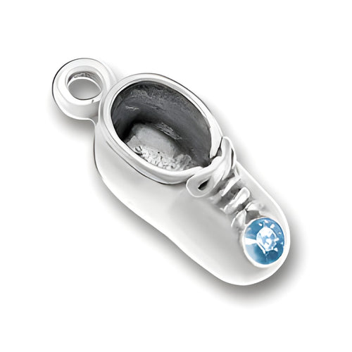 Charm Factory Baby Shoe Charm in sterling silver with a March aquamarine gemstone accent.