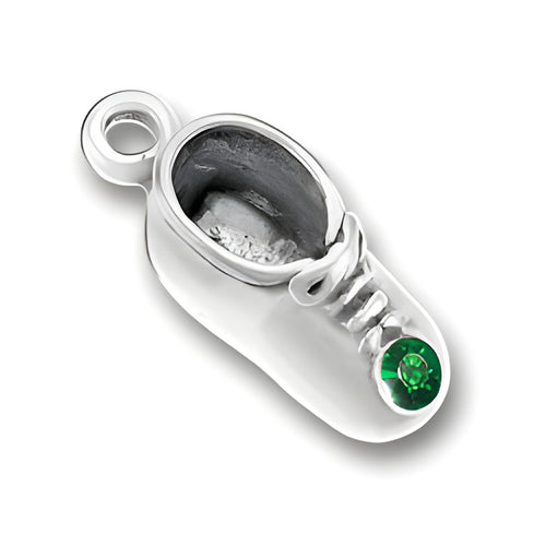 Charm Factory Baby Shoe Charm in sterling silver with a May emerald stone accent.