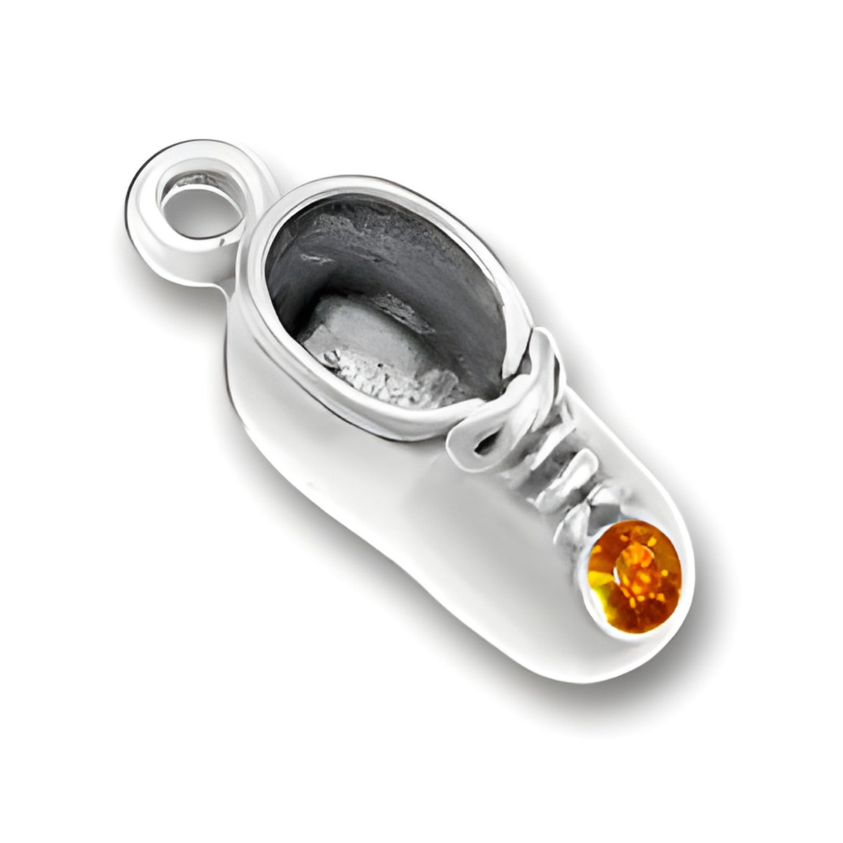Charm Factory Baby Shoe Charm made of silver with a November Citrine gemstone accent.