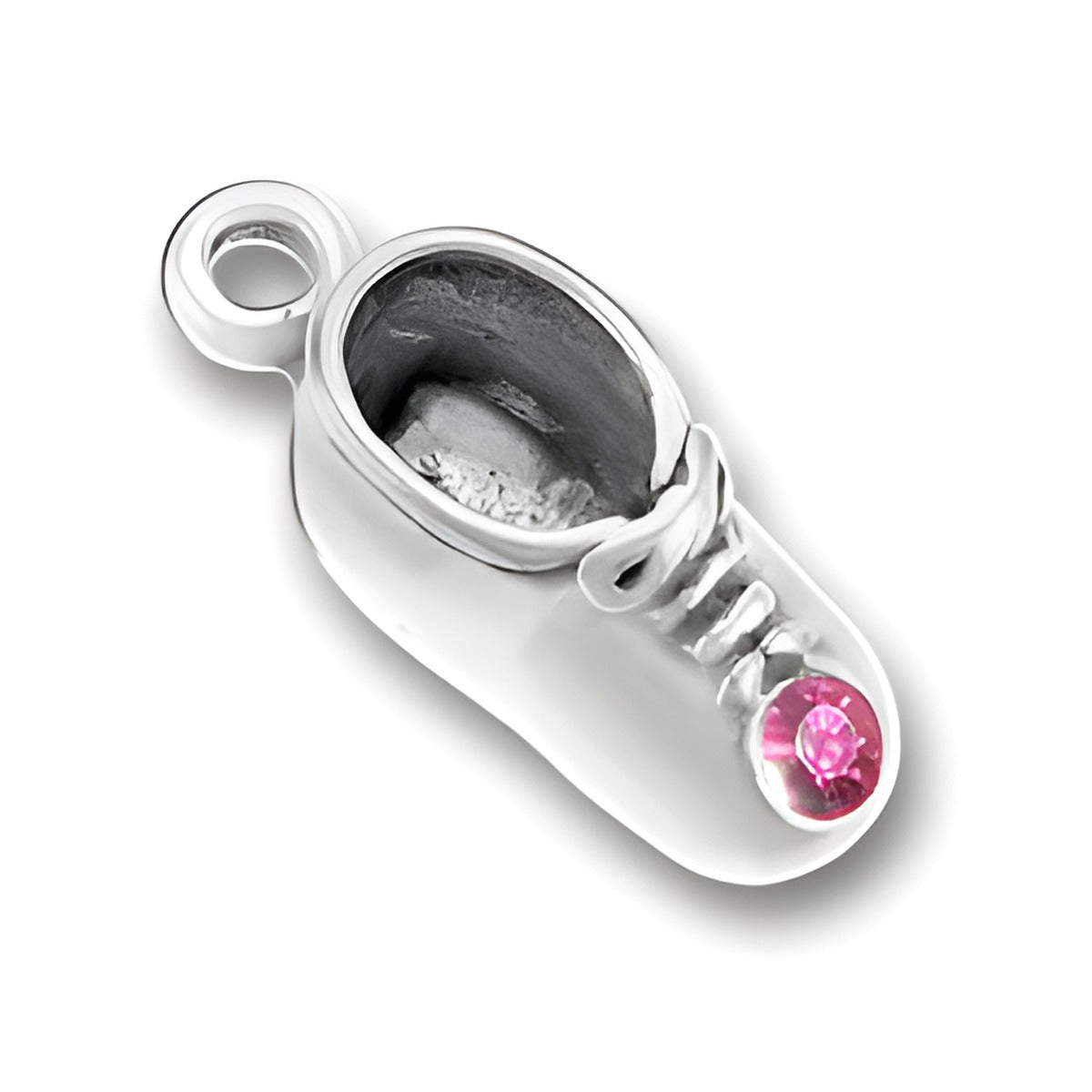 Charm Factory Baby Shoe Charm made of silver with October Tourmaline gemstone accent.