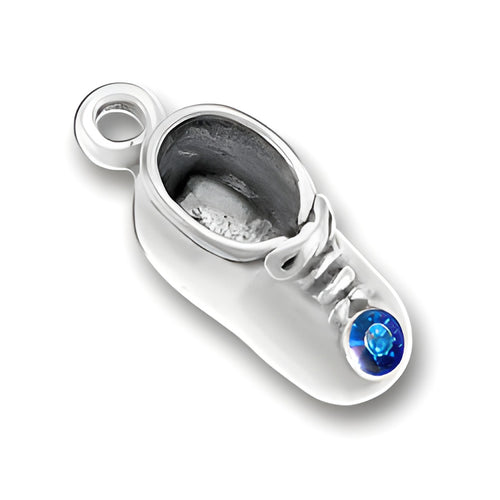 Charm Factory Baby Shoe Charm in silver with a September Sapphire gemstone accent, detailed and polished finish.