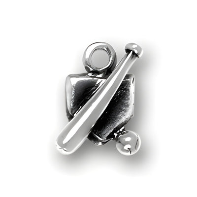 Baseball and Bat On Home Plate Charm, sterling silver, featuring a bat and ball positioned on a home plate design.