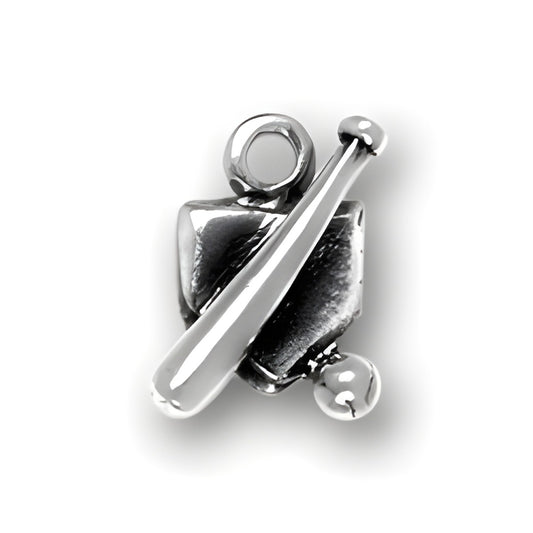 Baseball and Bat On Home Plate Charm, sterling silver, featuring a bat and ball positioned on a home plate design.