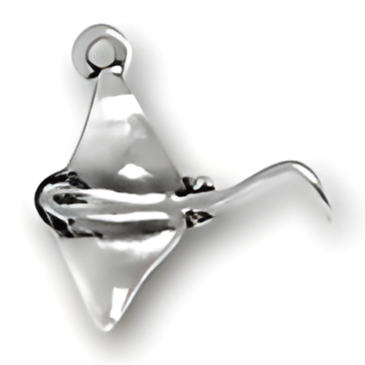Bat Ray Charm made of polished silver, featuring a detailed design of a bat ray with a curved tail.