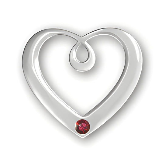 Sterling silver Birthstone Heart Pendant featuring a January Garnet gem at the bottom right of the heart.