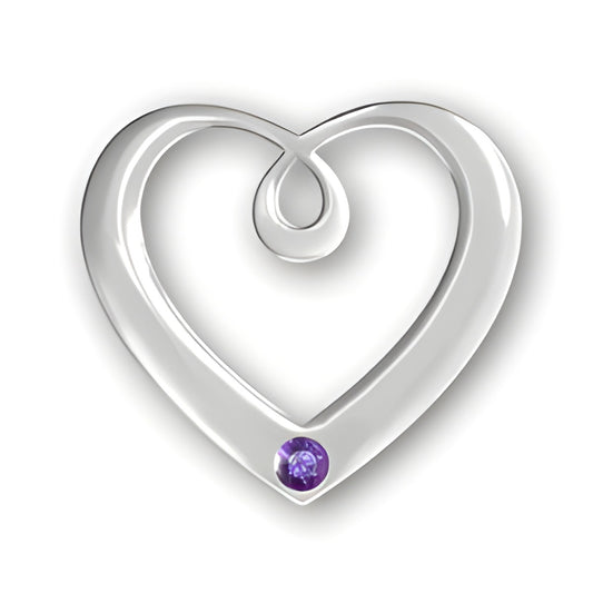 February Amethyst Birthstone Heart Pendant by Charm Factory, made of sterling silver with a purple gemstone accent.