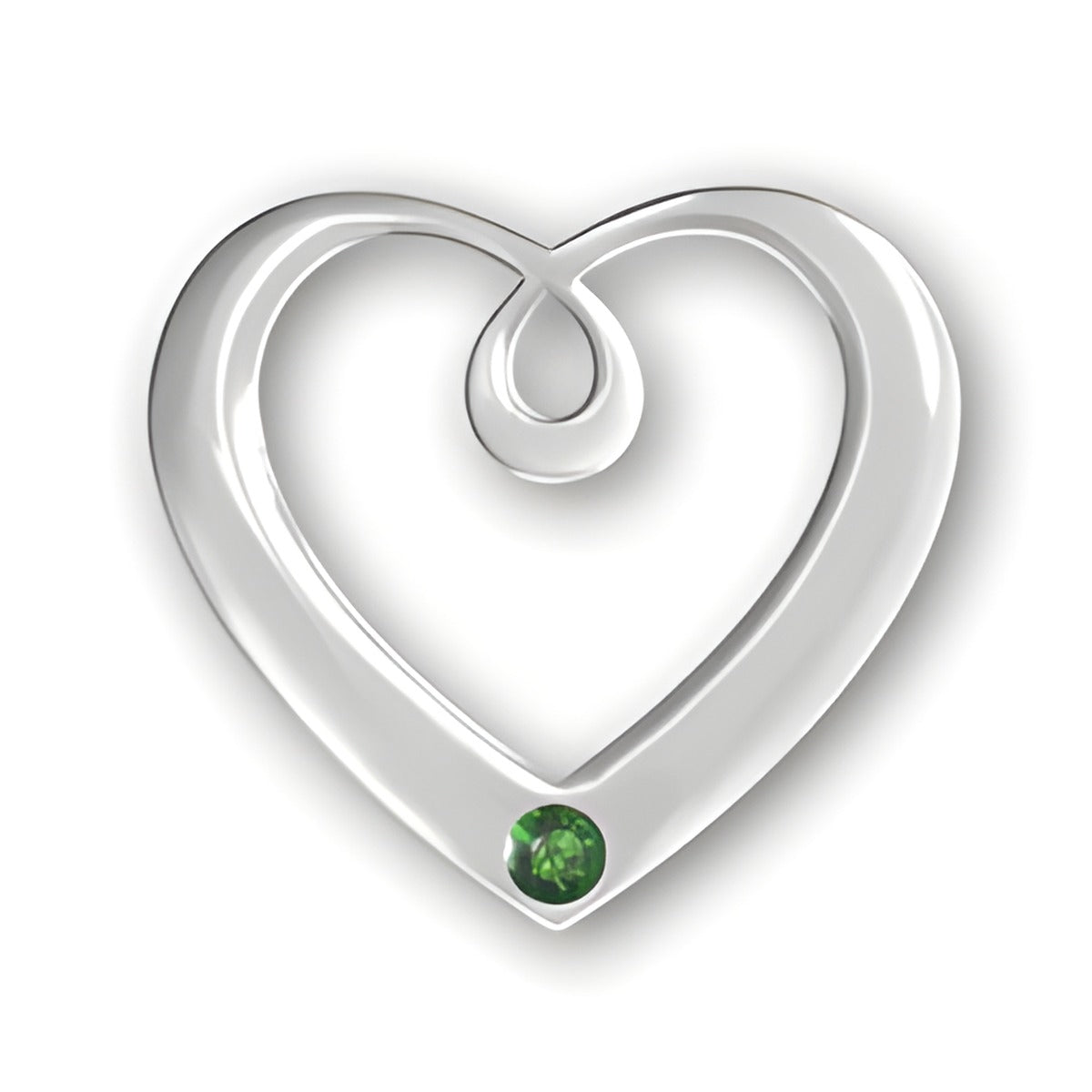 Birthstone Heart Pendant in sterling silver featuring a green emerald for May, with a swirling heart design.
