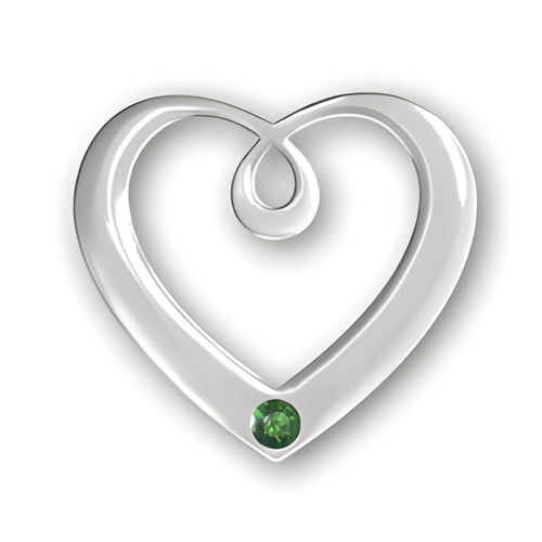 Birthstone Heart Pendant in sterling silver featuring a green emerald for May, with a swirling heart design.
