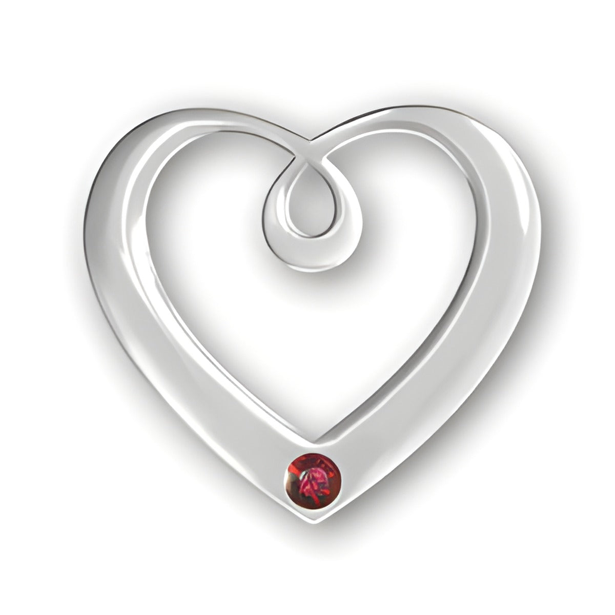 Sterling silver heart pendant featuring a swirl design and a July ruby gemstone at the bottom right.
