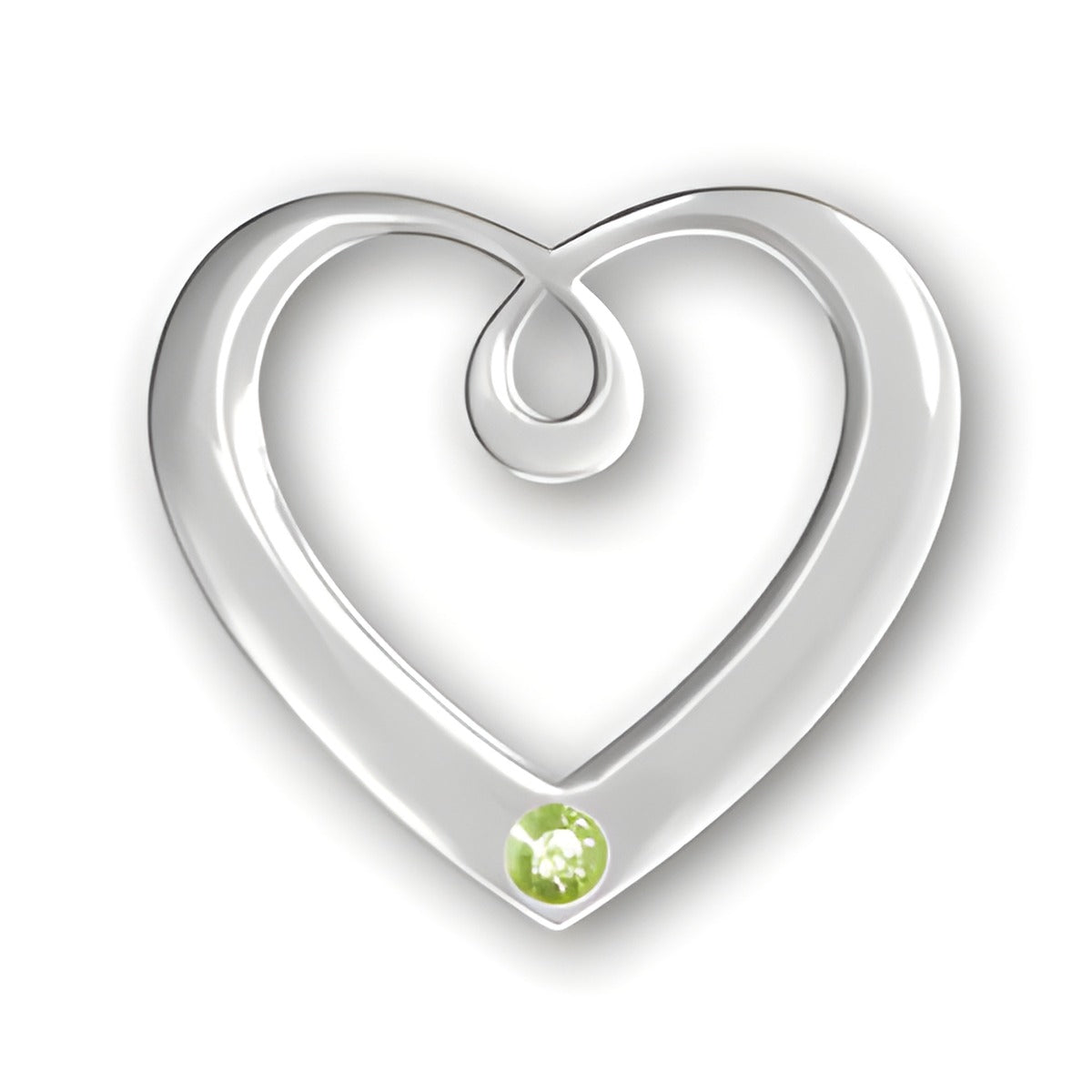 Birthstone Heart Pendant in sterling silver featuring a green peridot stone, shaped like a heart with a swirl design.