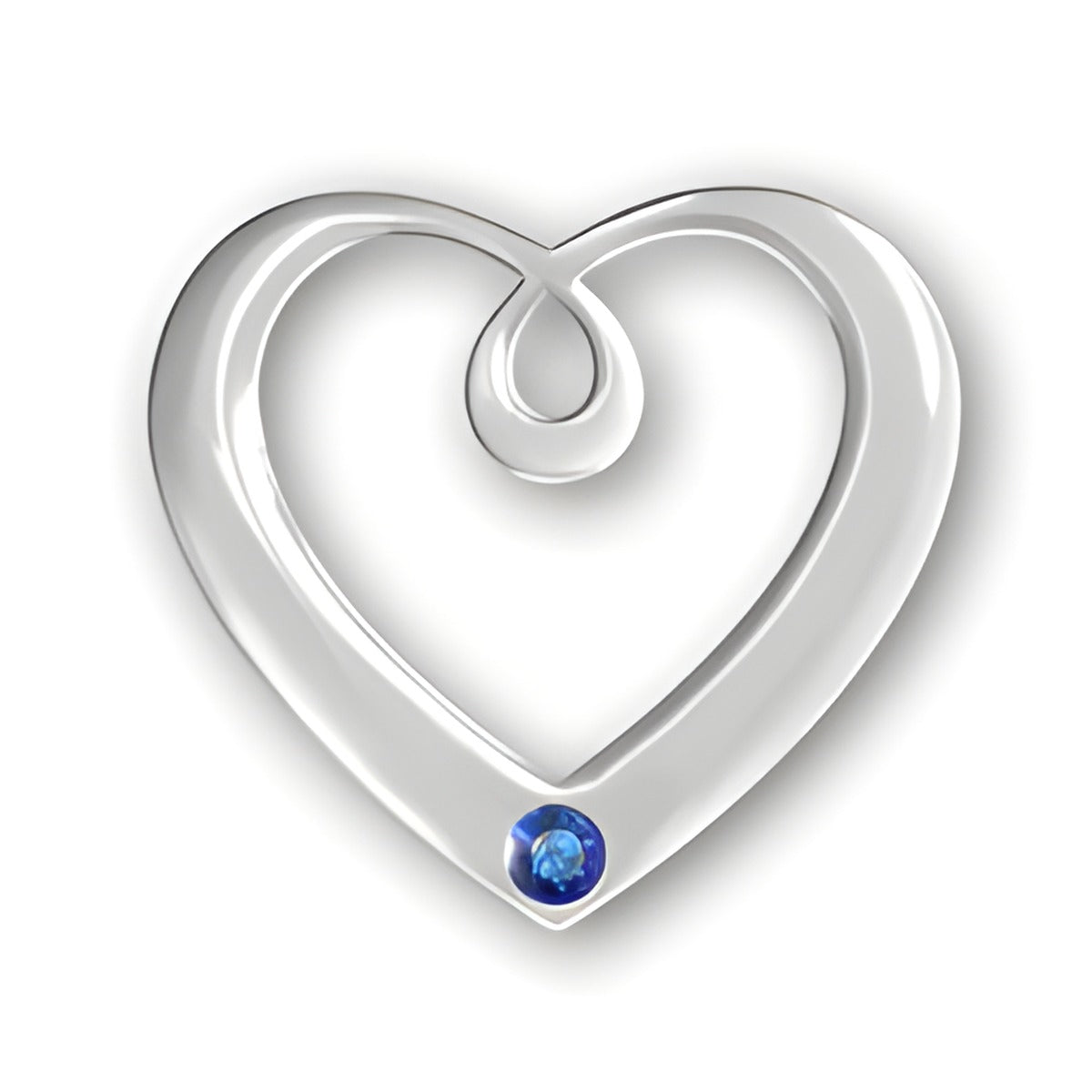 Sterling silver Birthstone Heart Pendant featuring a blue sapphire for September, with a swirling design.