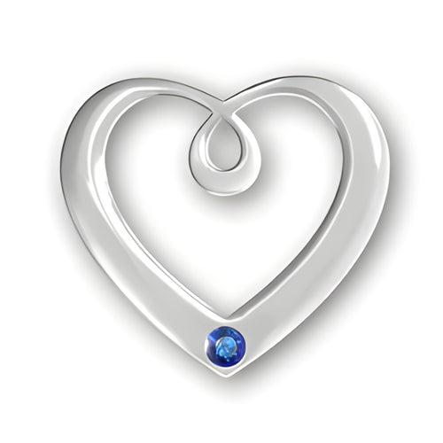 Sterling silver Birthstone Heart Pendant featuring a blue sapphire for September, with a swirling design.