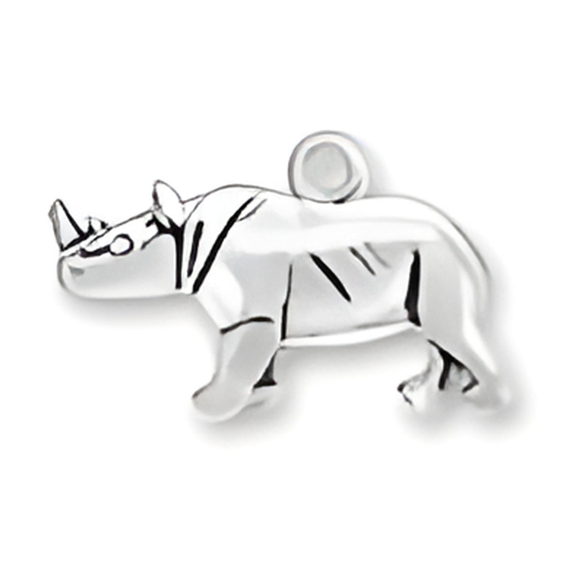 Black Rhinoceros Charm by Charm Factory, crafted from silver, featuring detailed design and a loop for attachment.