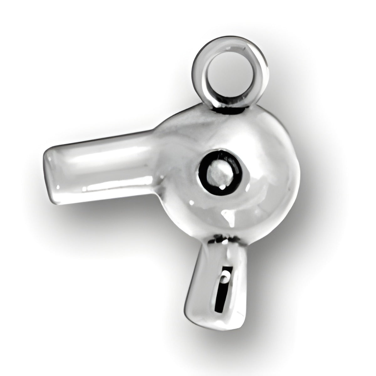 Blow Dryer Charm by Charm Factory, crafted from shiny metal, features a detailed design with a loop for attachment.