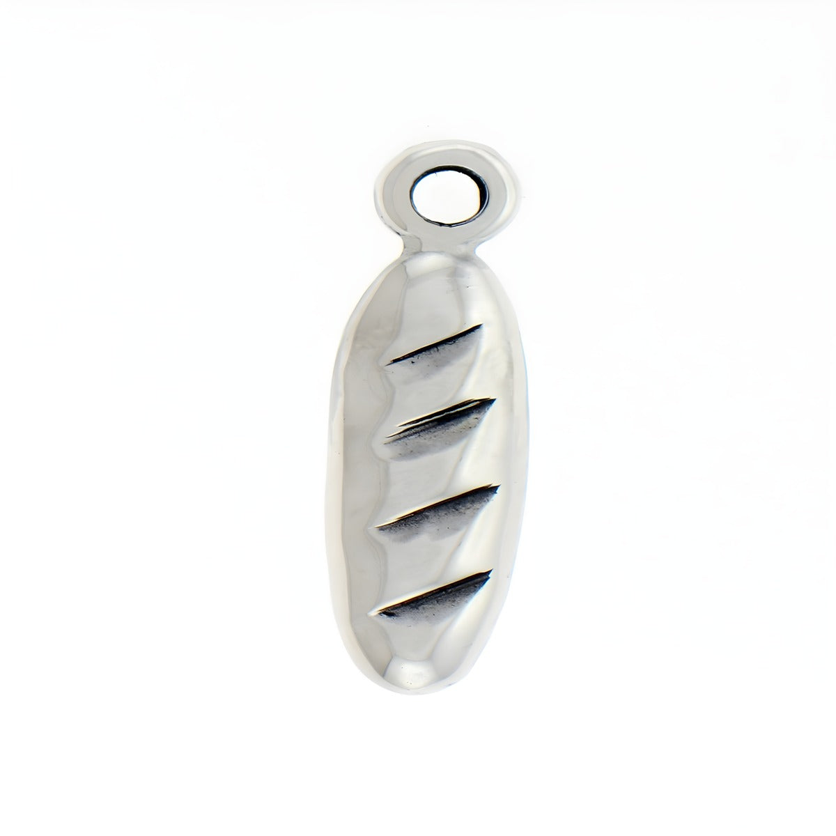 Bread charm made of sterling silver featuring a detailed design with three slashes on the surface.