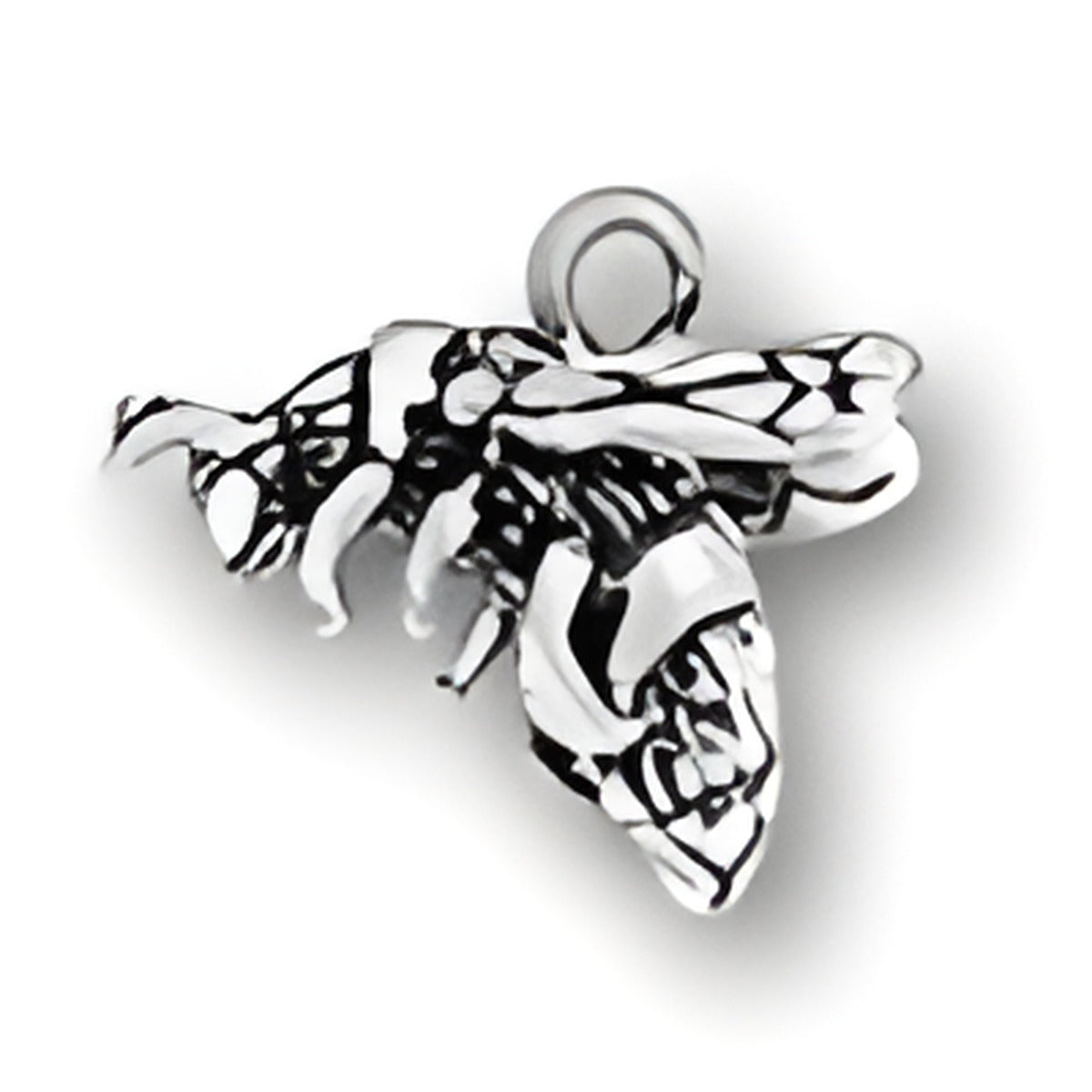 Charm Factory Bumble Bee Charm made of sterling silver, featuring intricate detailing and a loop for attachment.