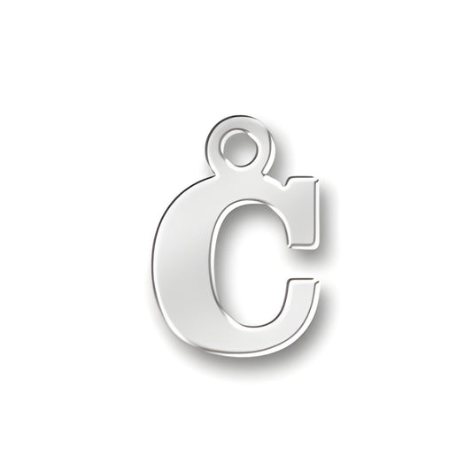 Sterling silver C letter charm with a polished finish and a loop for attachment.