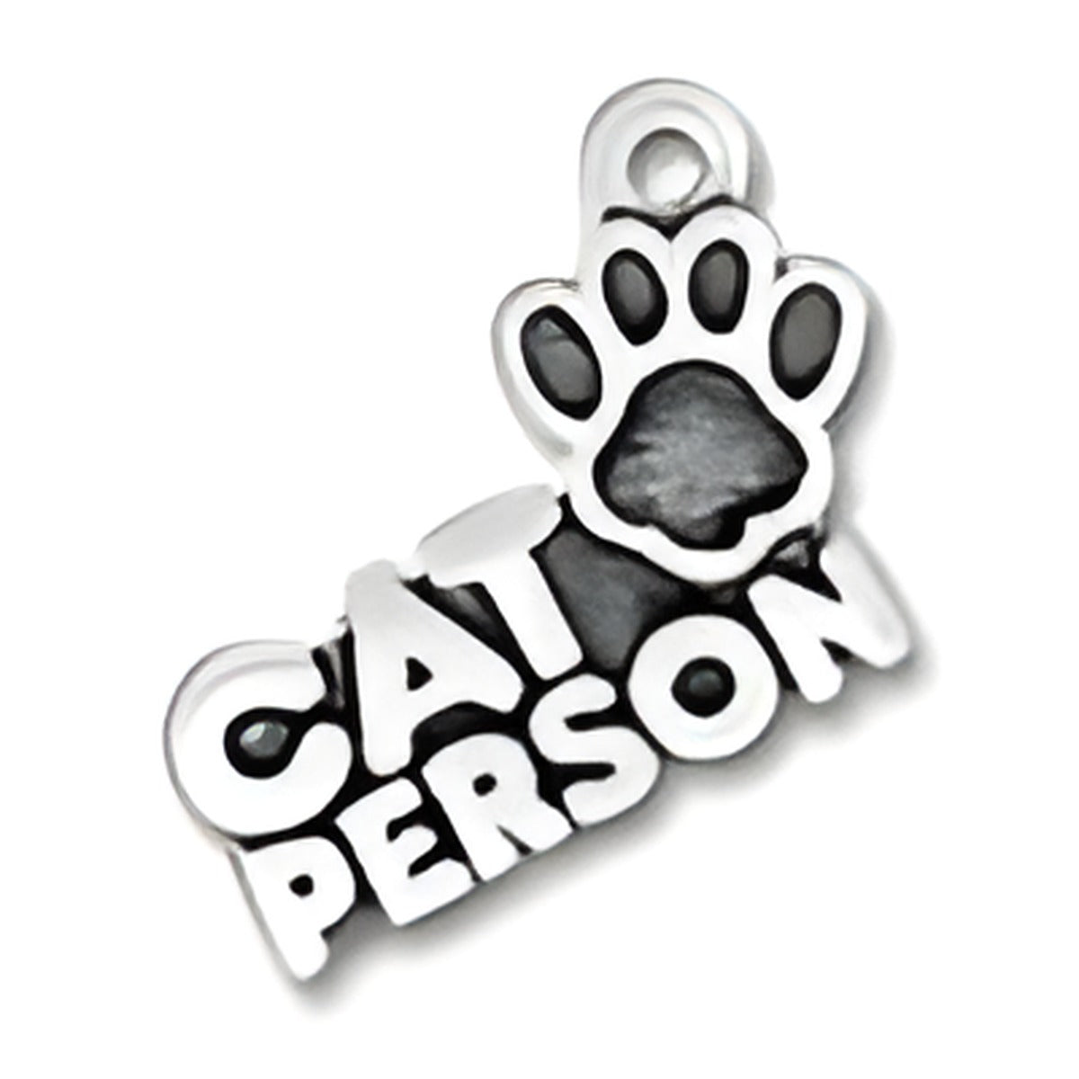 Charm Factory Cat Person Charm made of silver features the words 'CAT PERSON' and a paw print design.