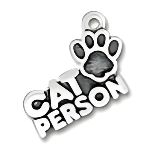 Charm Factory Cat Person Charm made of silver features the words 'CAT PERSON' and a paw print design.