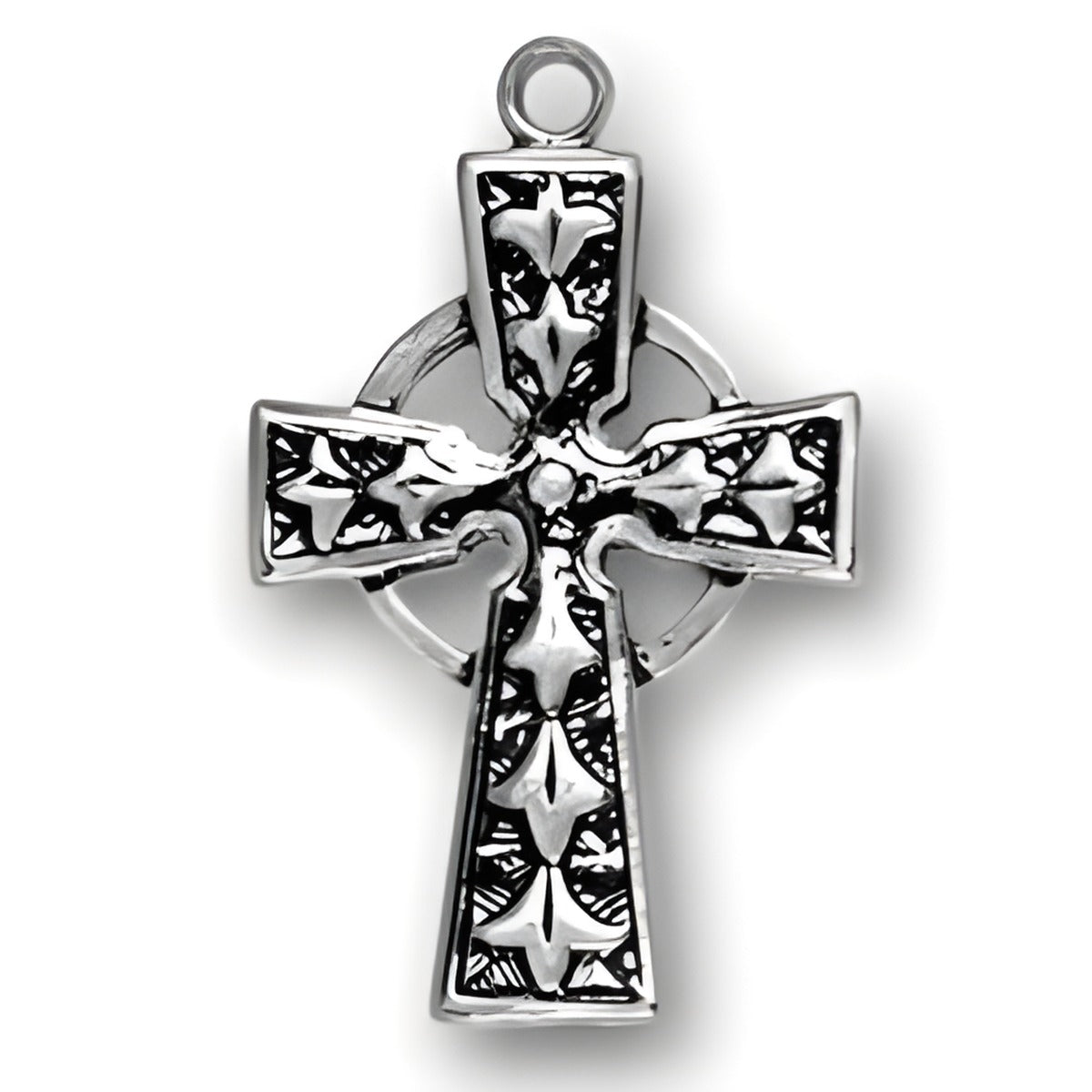 Celtic Cross Charm made of sterling silver, featuring intricate designs and a circular center.