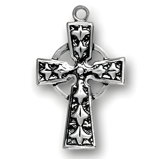 Celtic Cross Charm made of sterling silver, featuring intricate designs and a circular center.