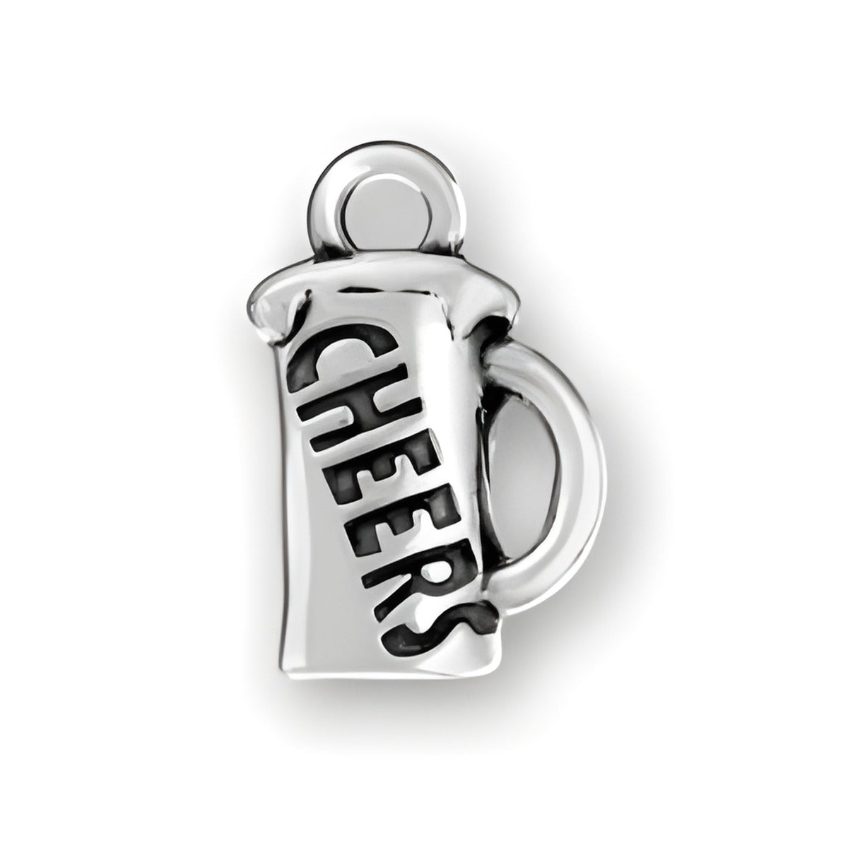 Cheers on Beer Mug Charm, made of sterling silver, featuring the word 'CHEERS' engraved on a beer mug design.