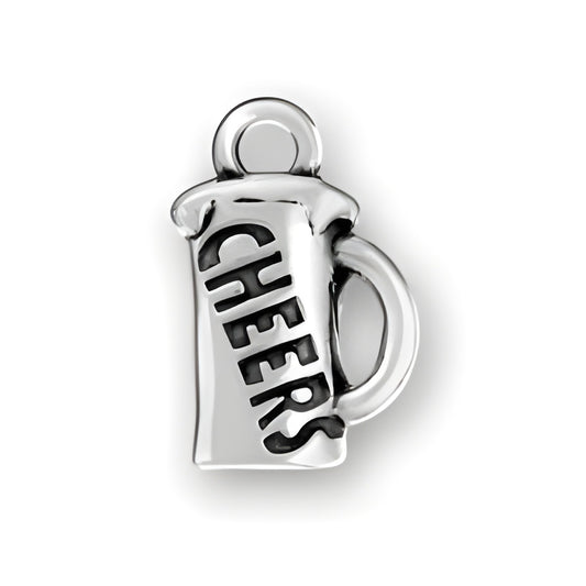 Cheers on Beer Mug Charm, made of sterling silver, featuring the word 'CHEERS' engraved on a beer mug design.