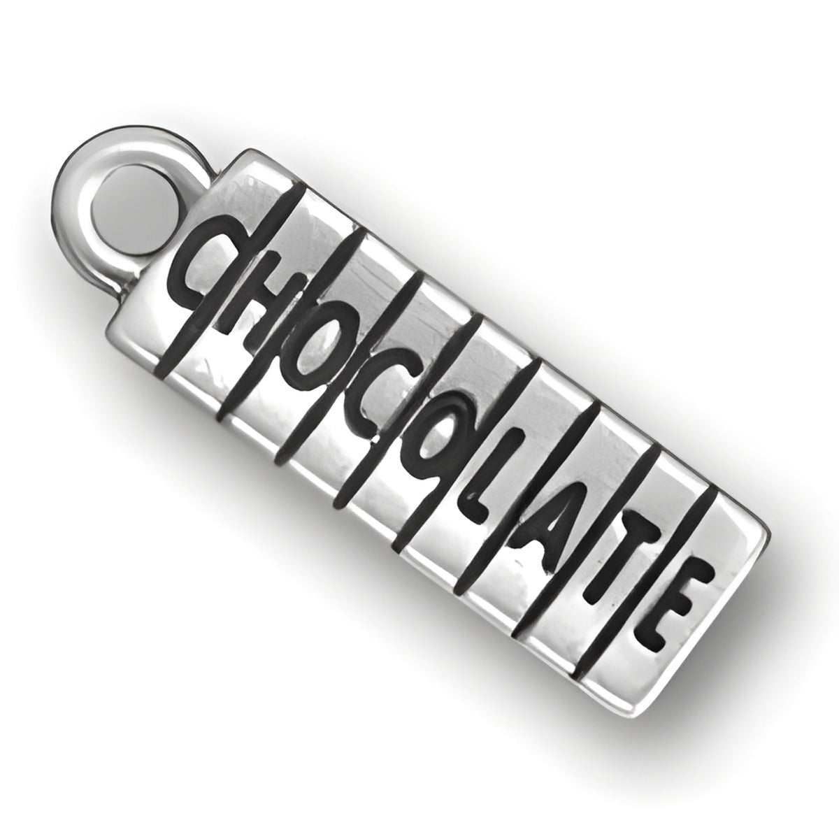 Charm Factory Chocolate Charm made of silver, designed in the shape of a chocolate bar with engraved lettering.