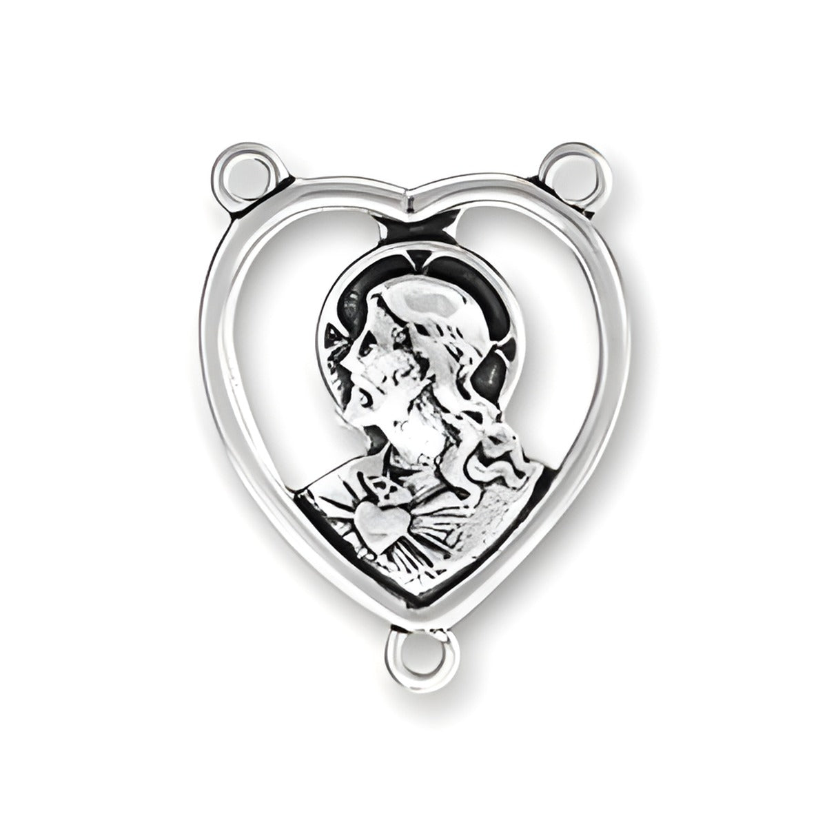 Christ Rosary Center, sterling silver, featuring a heart-shaped design with an image of Christ.