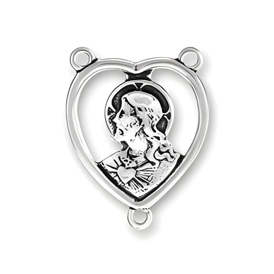 Christ Rosary Center, sterling silver, featuring a heart-shaped design with an image of Christ.