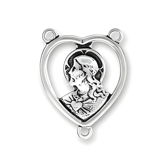 Christ Rosary Center in sterling silver, featuring a heart-shaped design with an image of Jesus.