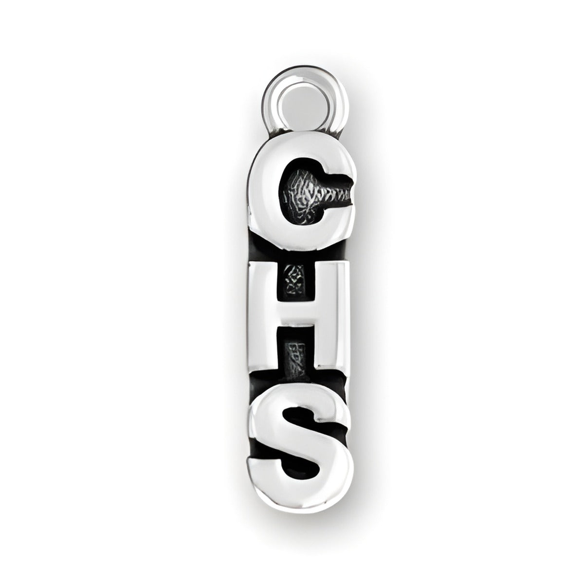 Sterling silver CHS charm featuring bold letters in a vertical arrangement with a polished finish.