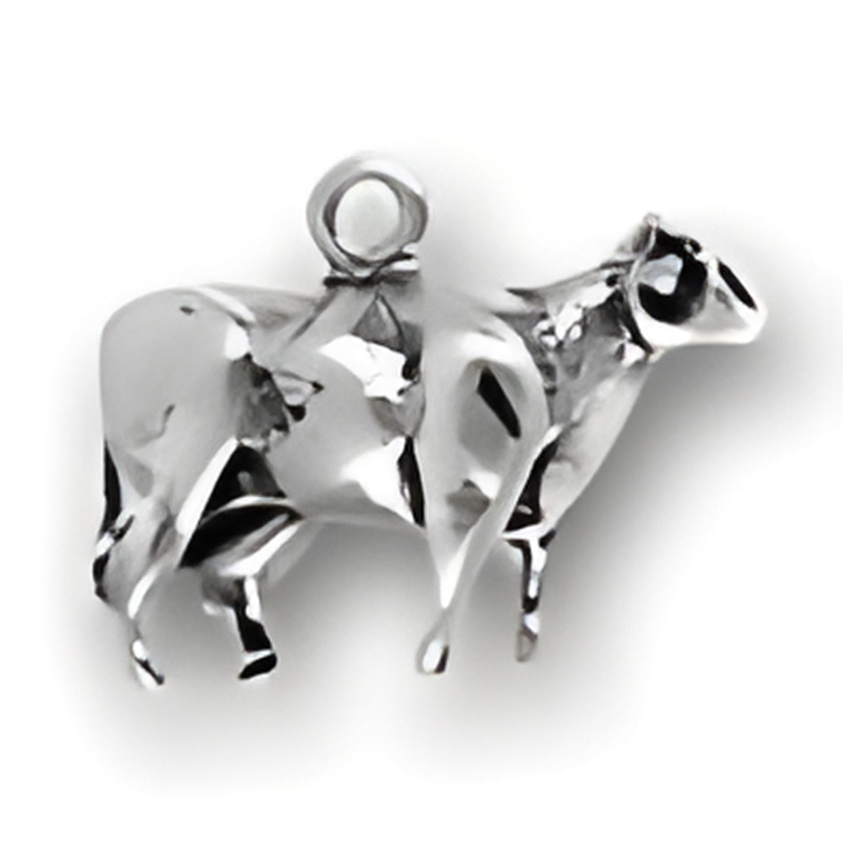 Charm Factory Cow Charm made of polished silver, featuring a detailed, three-dimensional cow design.