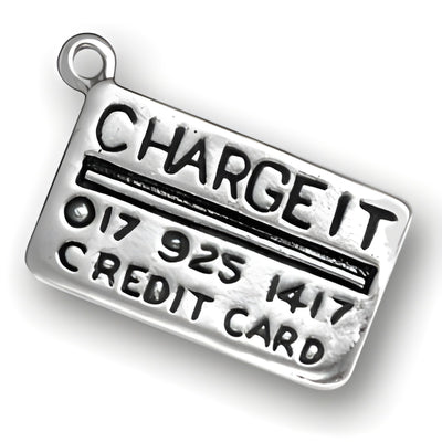 Credit Card Charm by Charm Factory, made of sterling silver, features engraved text and a raised design.