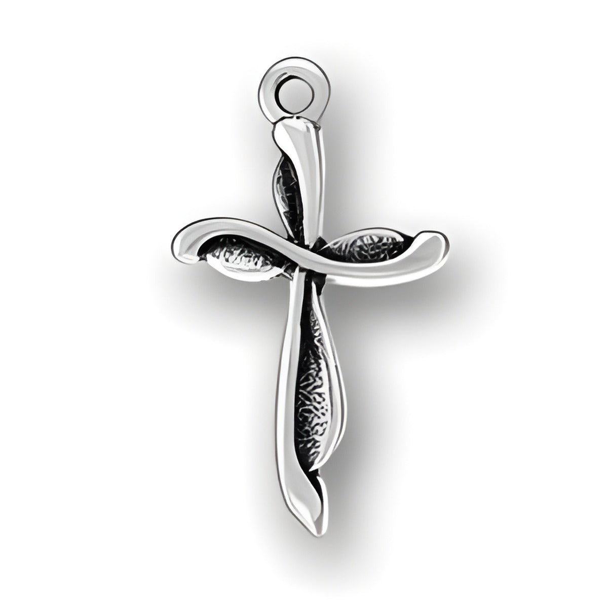 Cross charm made of sterling silver, featuring a sleek design with curved edges and textured detailing.