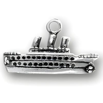 Sterling silver cruise ship charm featuring detailed design with smokestacks and portholes.