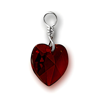 Crystal Birthstone Heart Charm made of sterling silver and red crystal, featuring a faceted heart design.