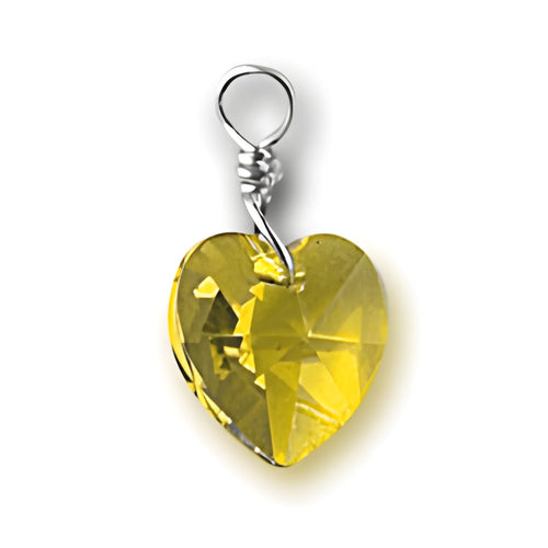 Crystal Birthstone Heart Charm made of yellow crystal with a sterling silver loop for attachment.