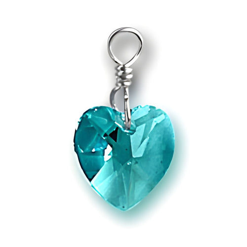 Crystal Birthstone Heart Charm made of sterling silver and a light blue crystal in a heart shape.