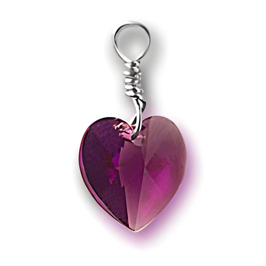 Crystal Birthstone Heart Charm made of sterling silver and purple crystal, featuring a faceted heart shape.
