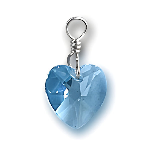 Crystal Birthstone Heart Charm made of sterling silver and light blue crystal, featuring a faceted heart design.