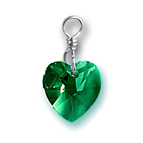 Crystal Birthstone Heart Charm in green, made of sterling silver and crystal, featuring a heart shape with facets.