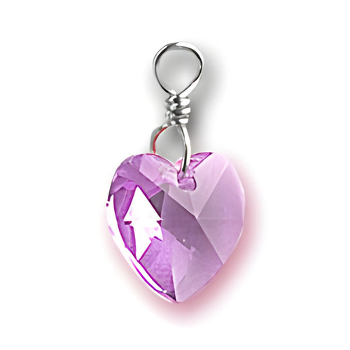Crystal Birthstone Heart Charm made of sterling silver and purple crystal, featuring a faceted heart shape with a loop.