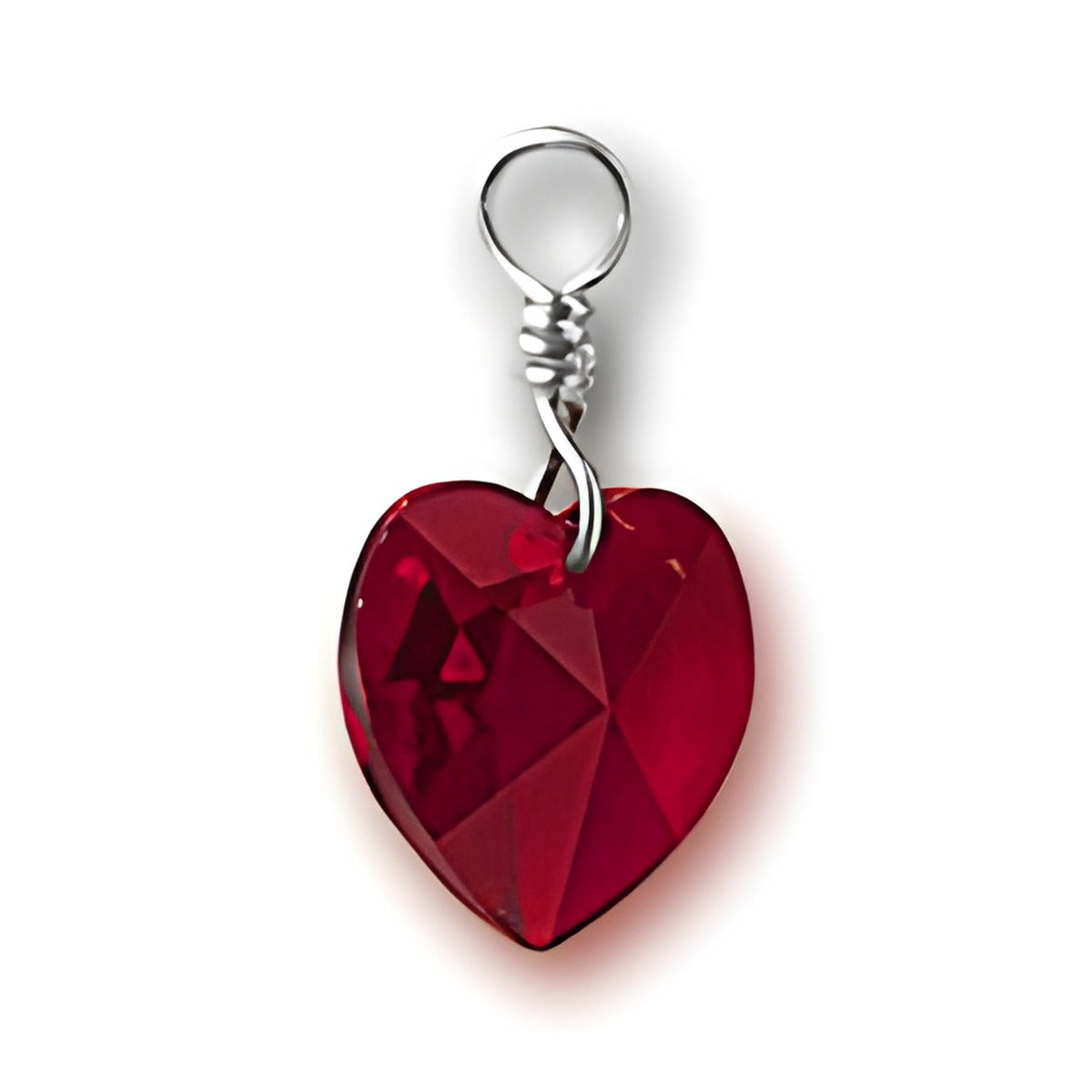 Crystal Birthstone Heart Charm made of red crystal with a sterling silver loop for attachment.